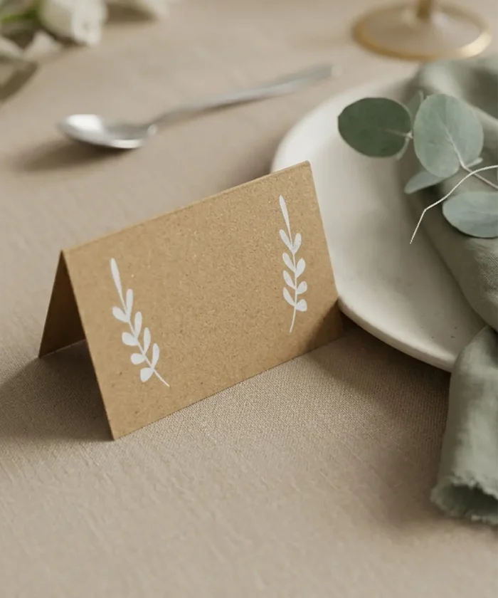 Navnekort i  kraftpapir med hvid blomst - 48 stk