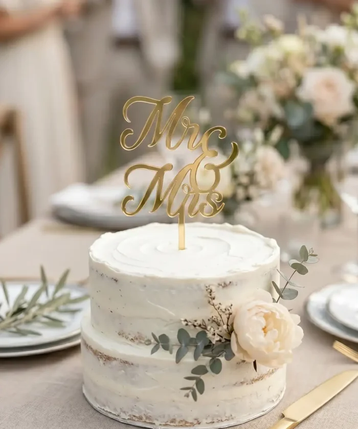 MR & MRS akryl caketopper, guld