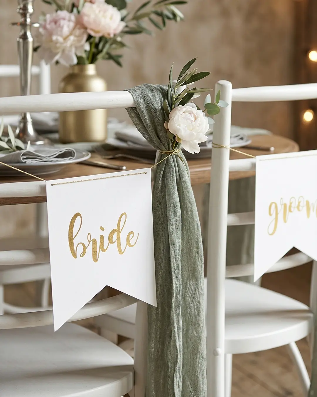 Skilte - Bride/Groom, hvid/guld