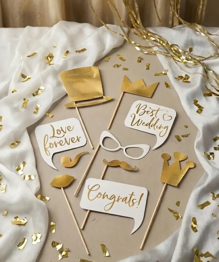 photobooth rekvisitter til bryllup, guld