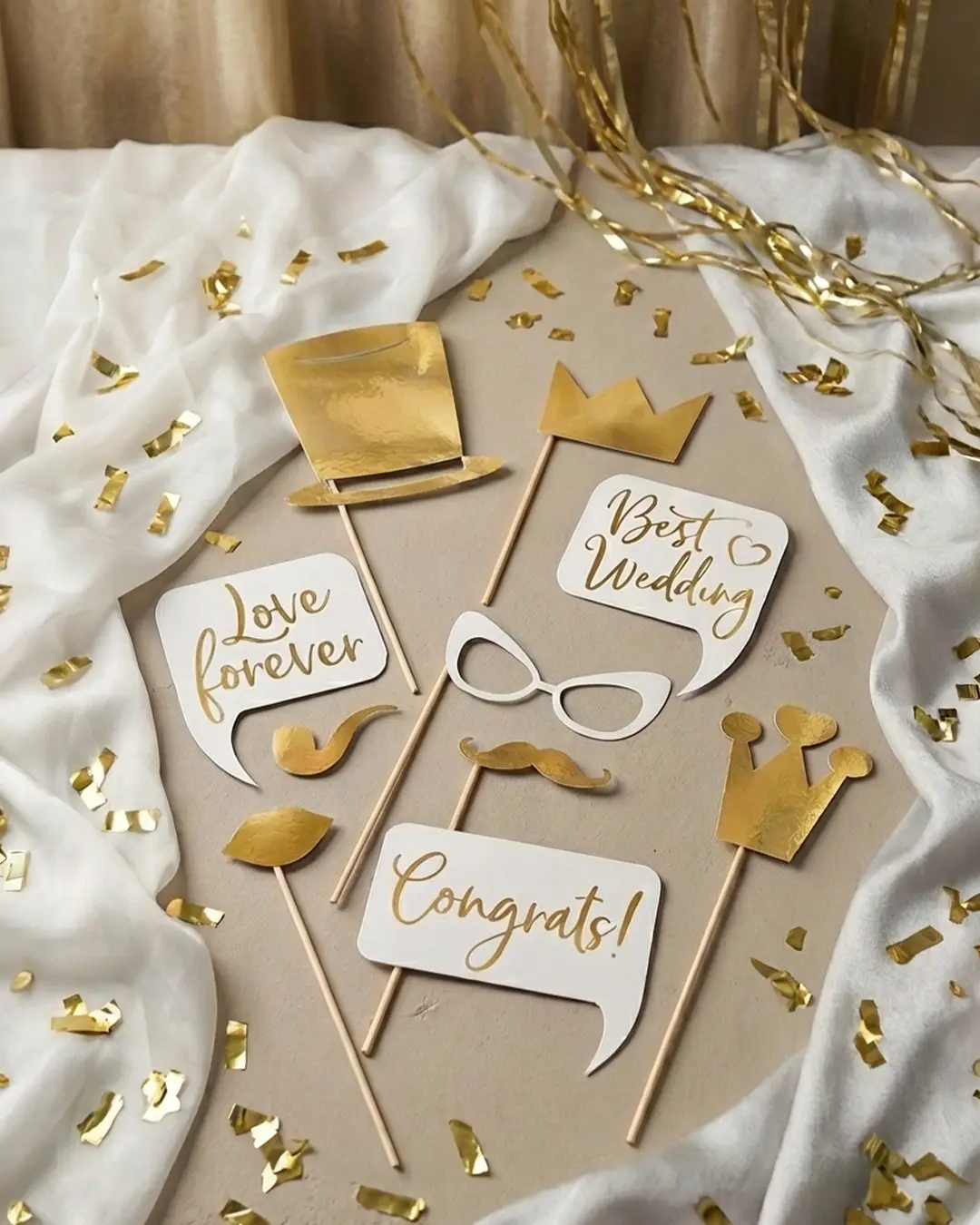 photobooth rekvisitter til bryllup, guld