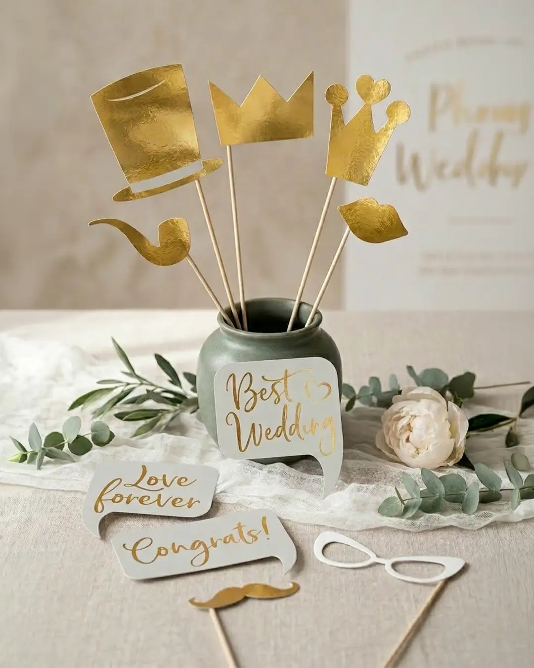 photobooth rekvisitter til bryllup, guld - Billede 2