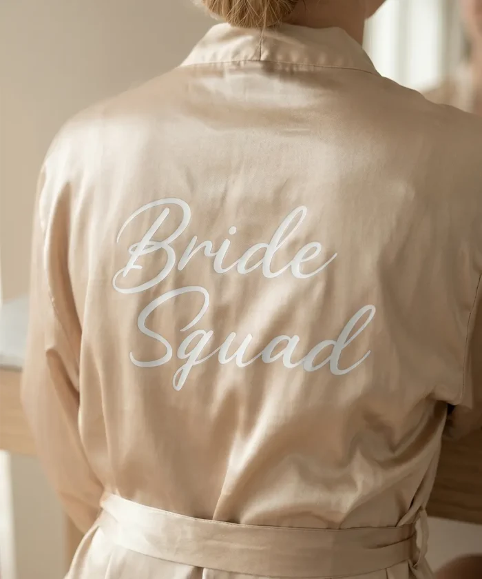 Cremefarvet morgenkåbe til brudepiger med teksten 'Bride Squad' på ryggen
