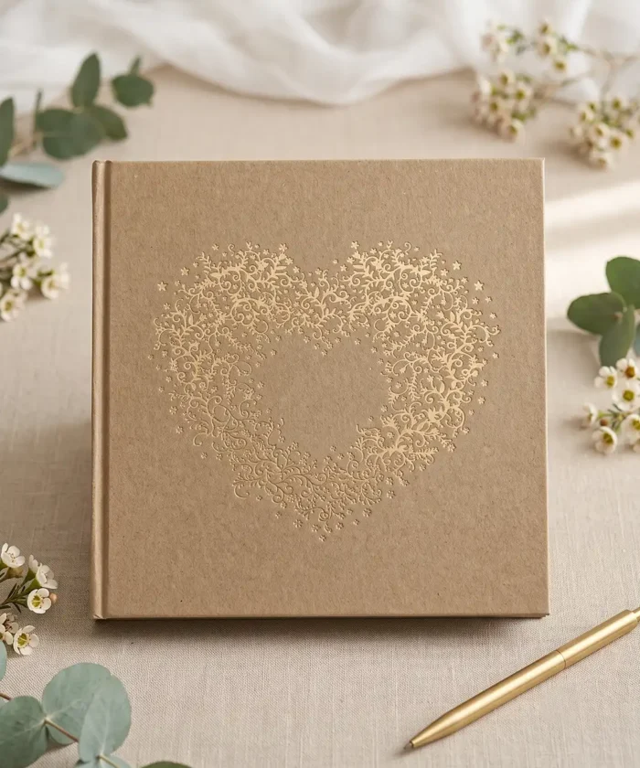 Gæstebog i Kraftpapir med Guld Hjerte 20,5x20,5 cm | Rustik