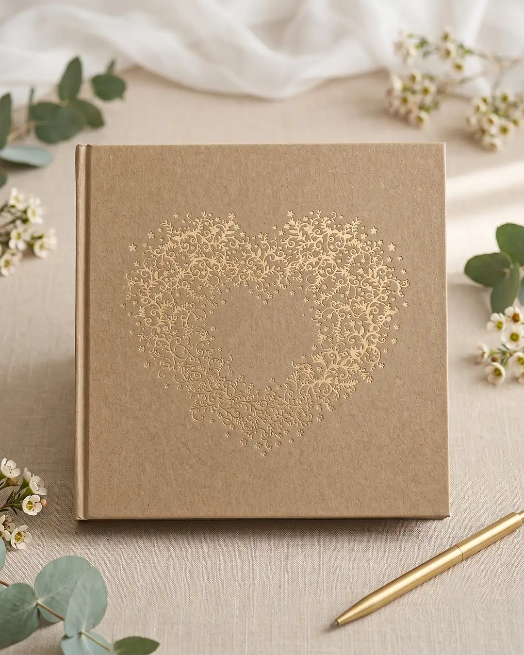 Gæstebog i Kraftpapir med Guld Hjerte 20,5x20,5 cm | Rustik