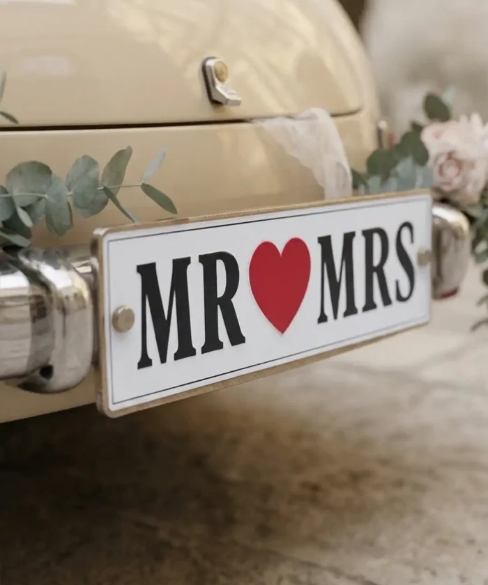 Nummerplade Mr & Mrs m. Rødt Hjerte 50x11,5 cm